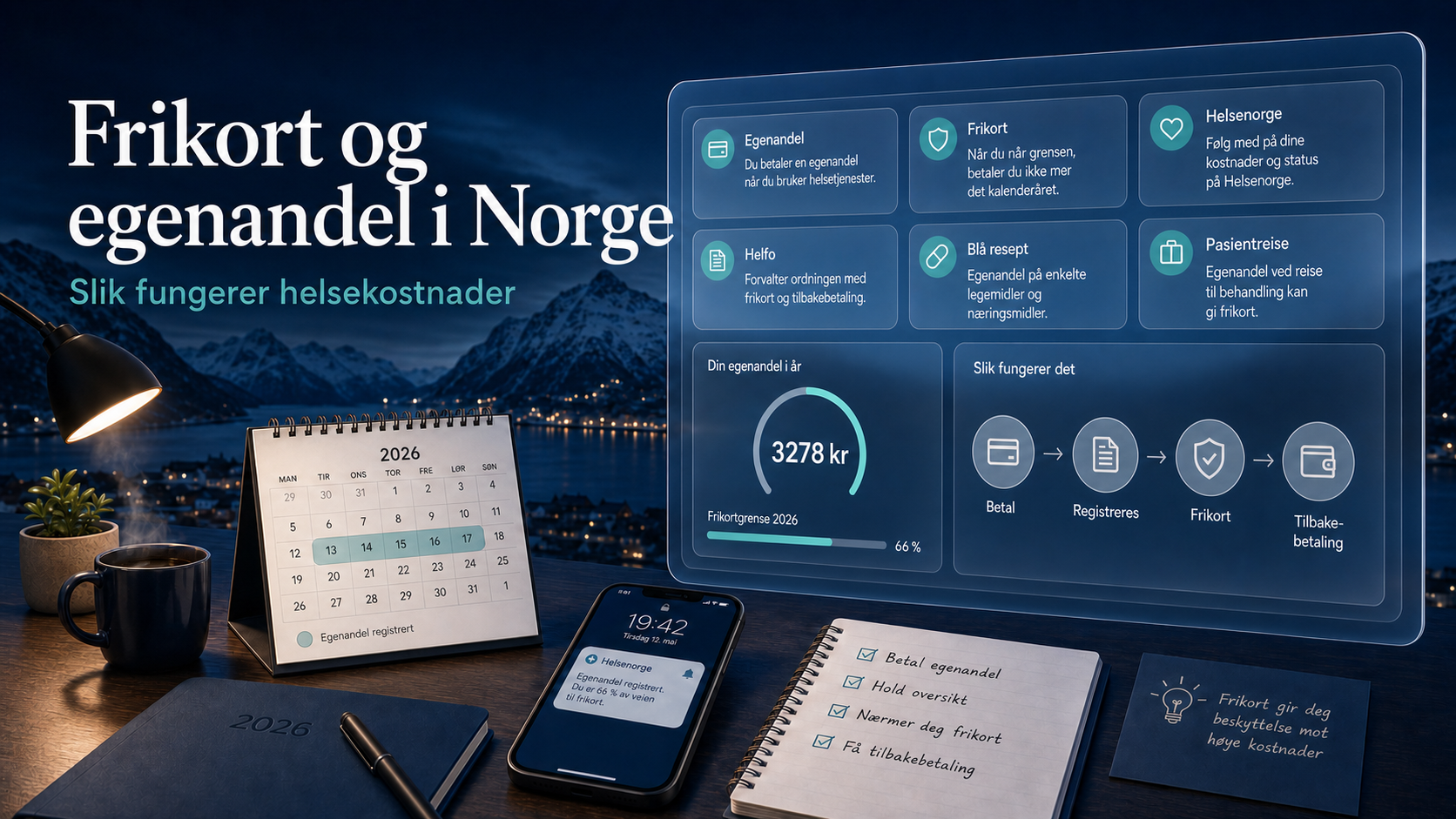 Illustrasjon av frikort og egenandel i Norge med Helsenorge, Helfo, blå resept, pasientreise, fastlege, kvittering og egenandelstak