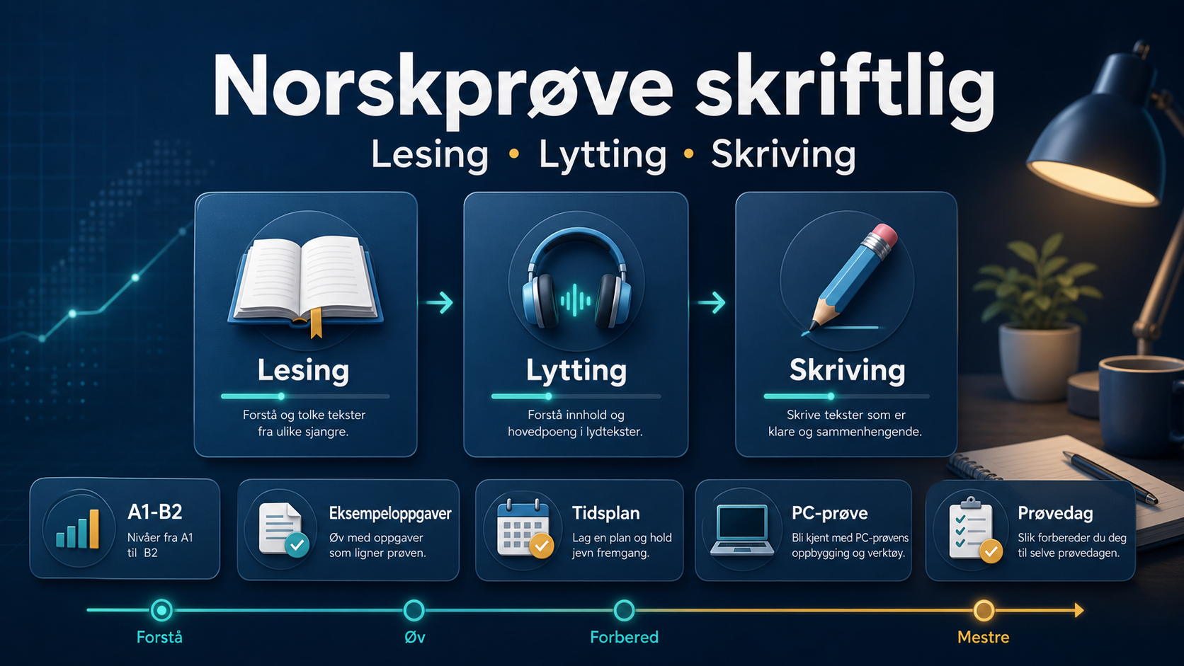 Illustrasjon av norskprøve skriftlig med lesing, lytting, skriving, eksempeloppgaver, tidsplan og prøvedag