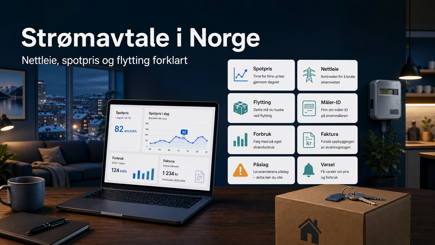 Illustrasjon av strømavtale i Norge med spotpris, nettleie, flytting, måler-ID, forbruk, faktura, påslag og varsler
